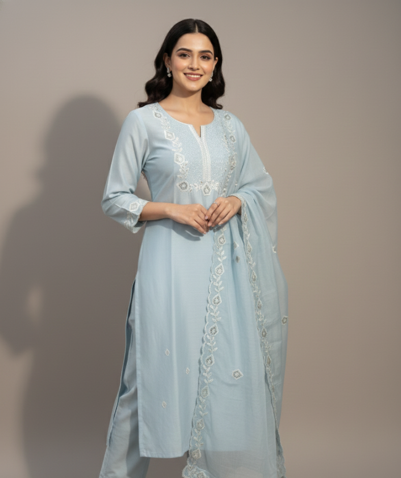 SW-KPD-RS-002: Embroidered Roman Silk Kurti Set with Dupatta