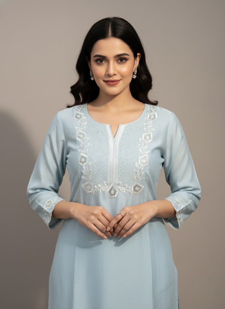 SW-KPD-RS-002: Embroidered Roman Silk Kurti Set with Dupatta