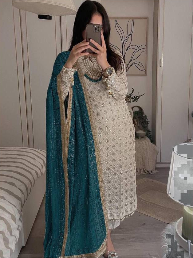 Faux Georgette Embroidered Top and Pant Set with Dupatta