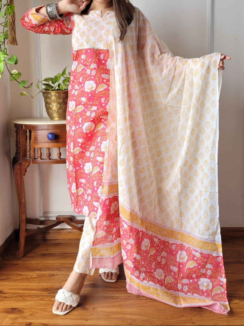 Hand Block Printed Cotton Suit Set with Dupatta