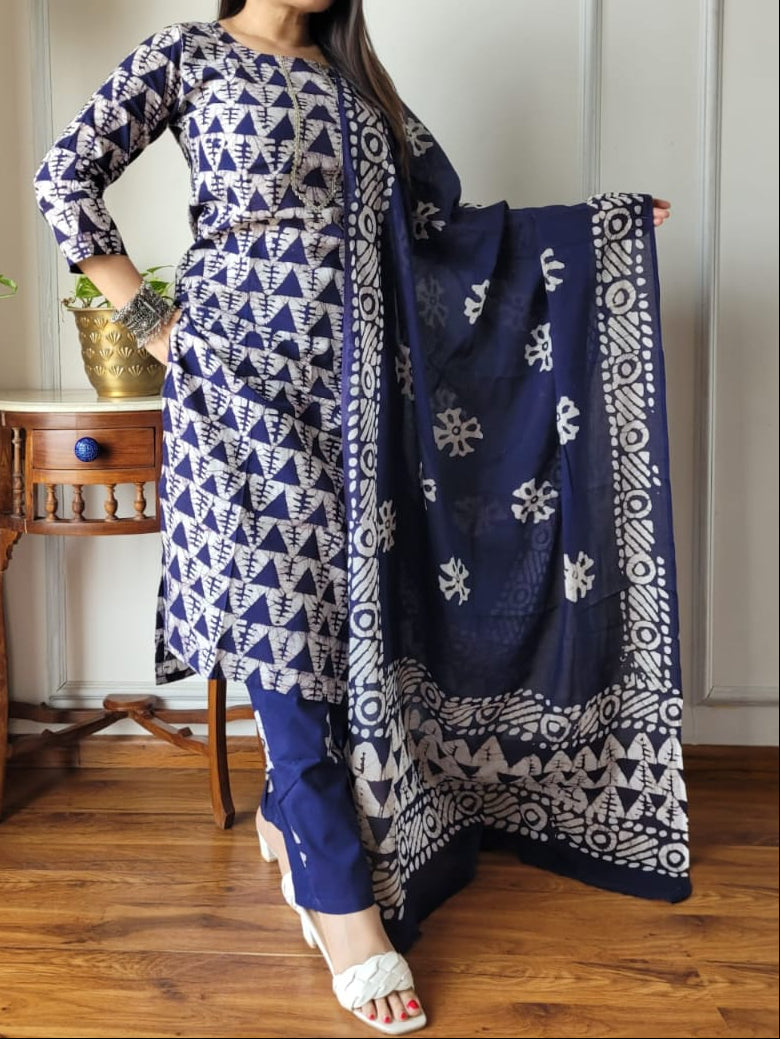 Hand Block Printed Cotton Suit Set with Dupatta