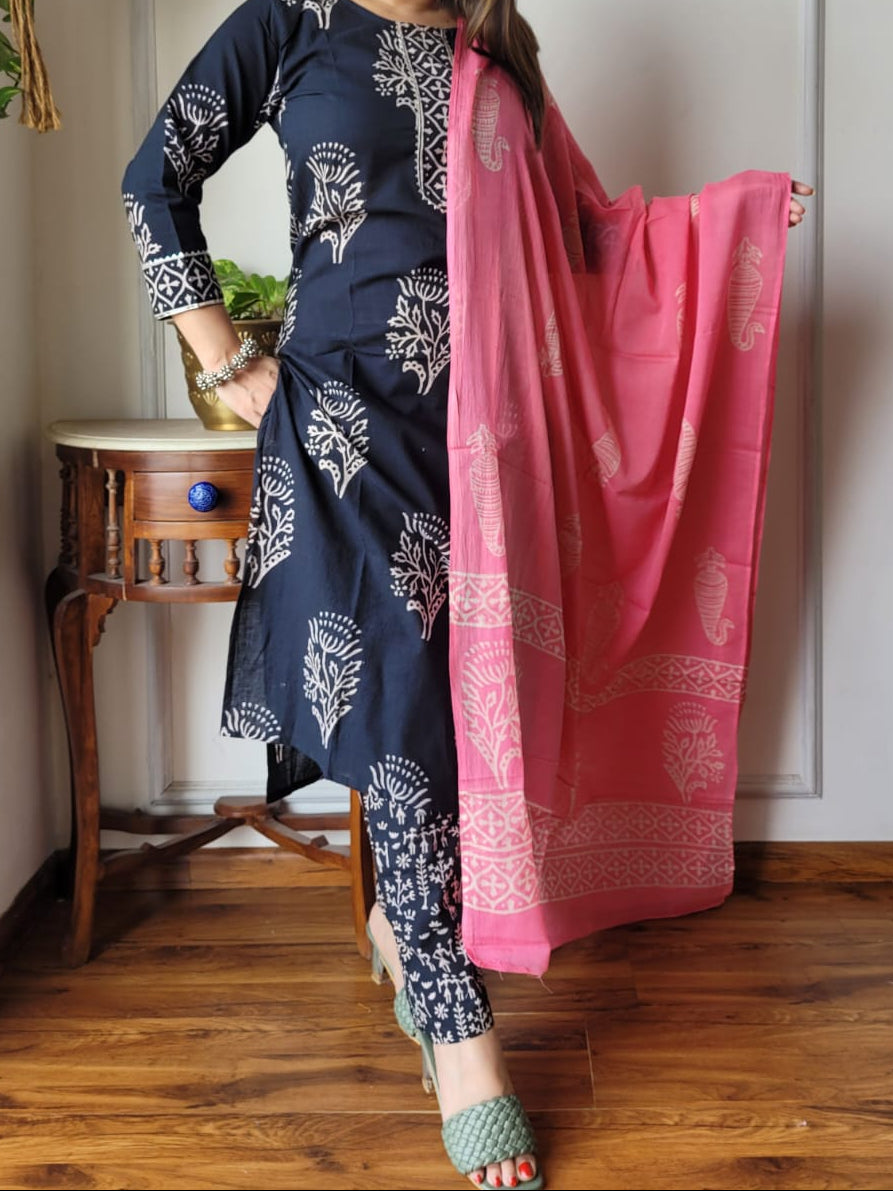 Hand Block Printed Cotton Suit Set with Dupatta