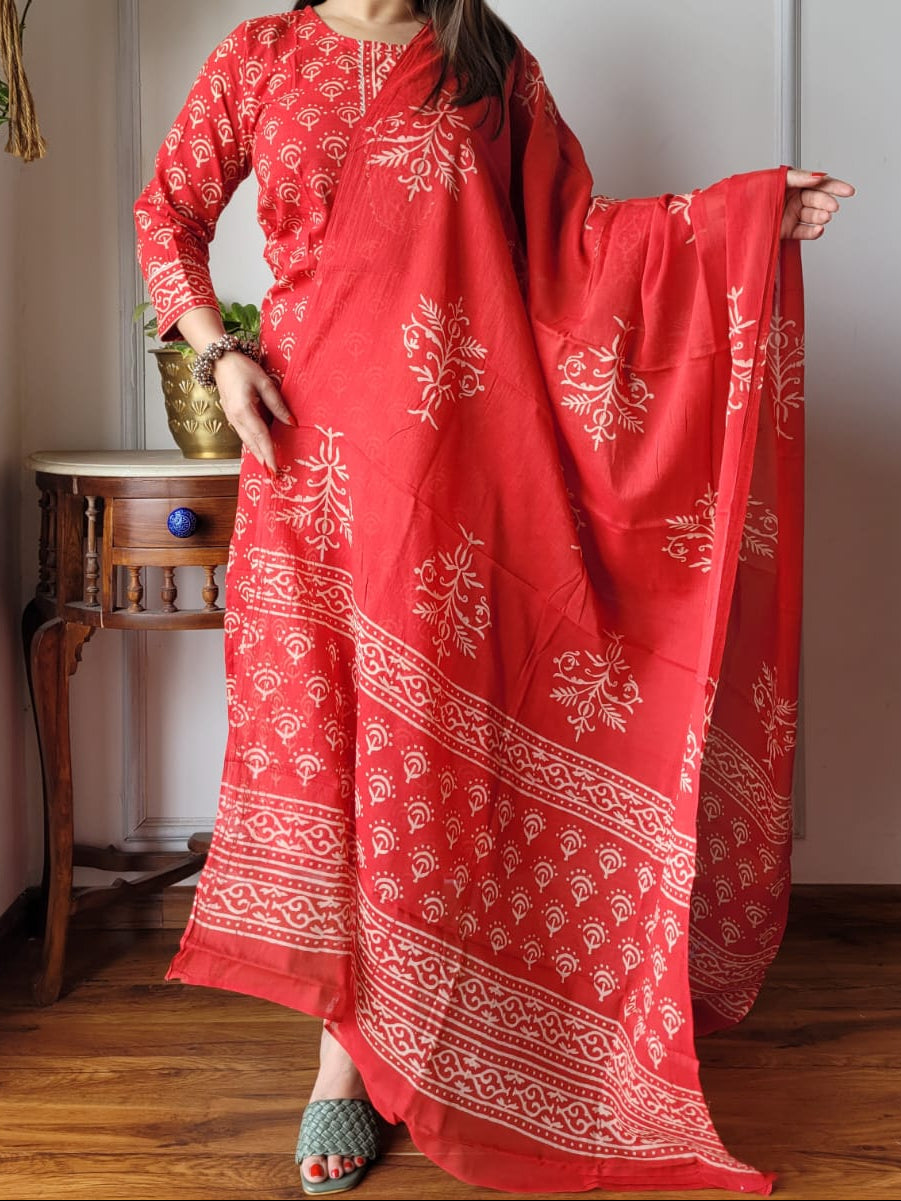 Hand Block Printed Cotton Suit Set with Dupatta