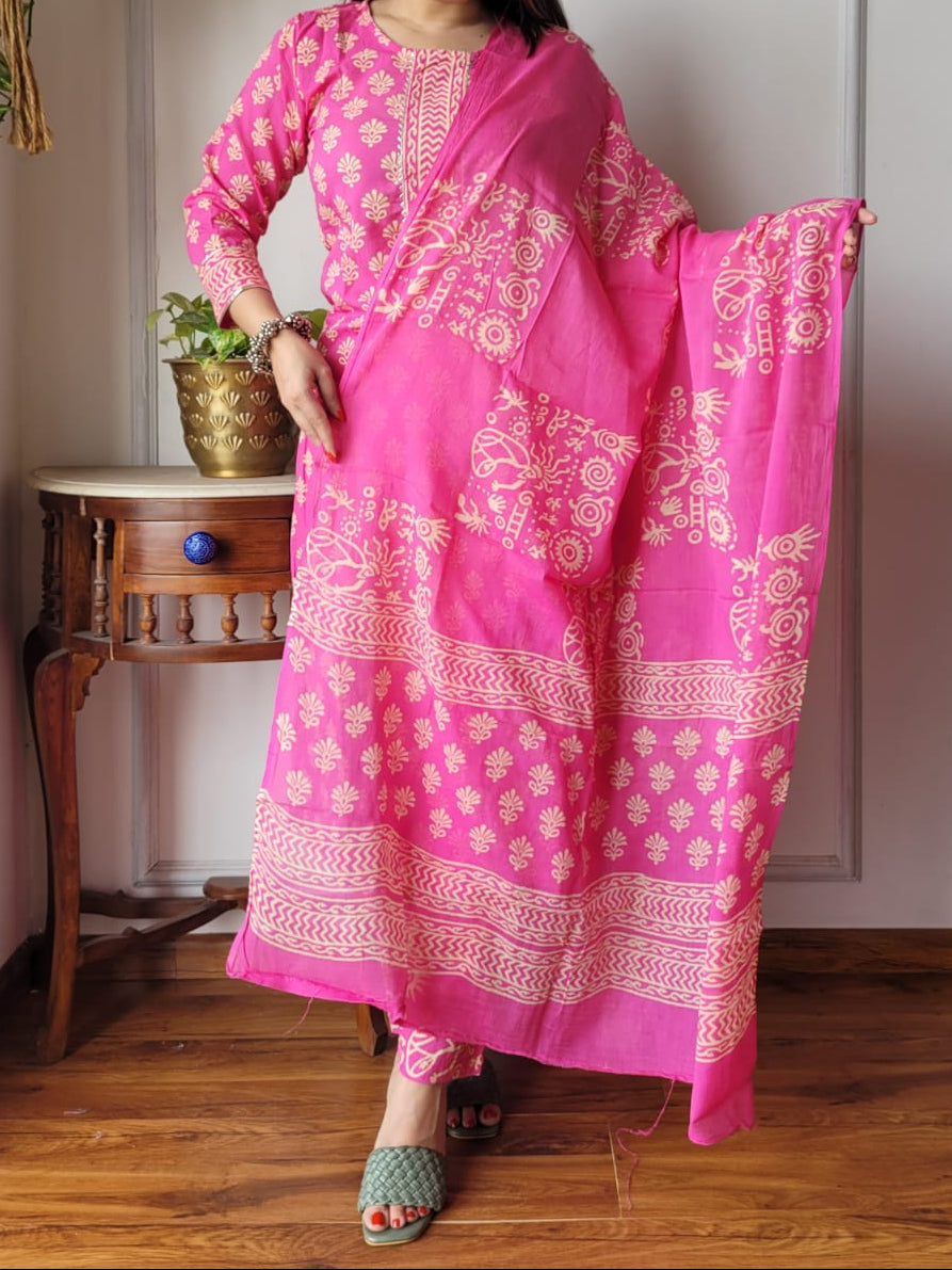 Hand Block Printed Cotton Suit Set with Dupatta