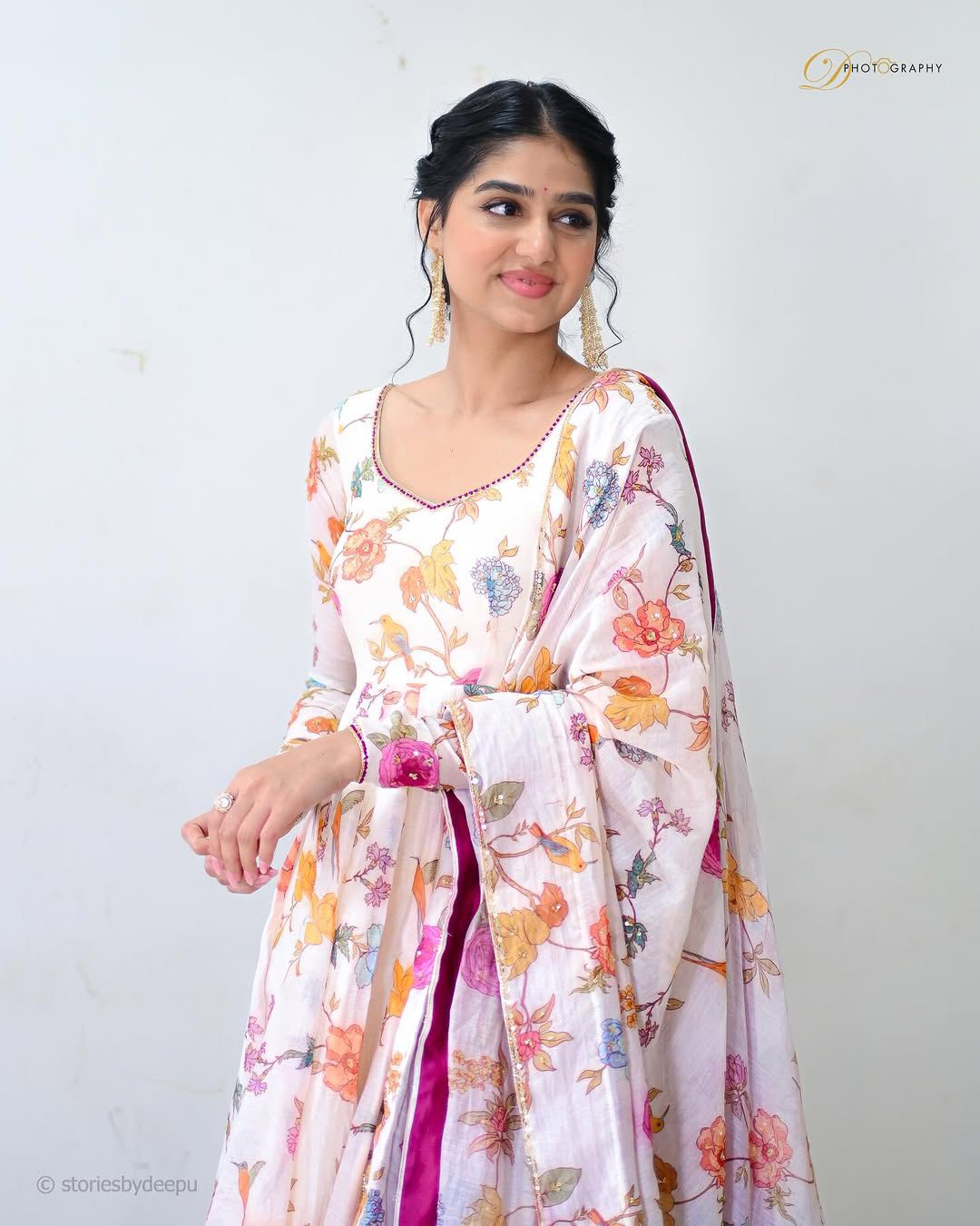 Anaswara Rajan Inspired Feather White Alfino Chiffon Anarkali Set with Handwork Yoke