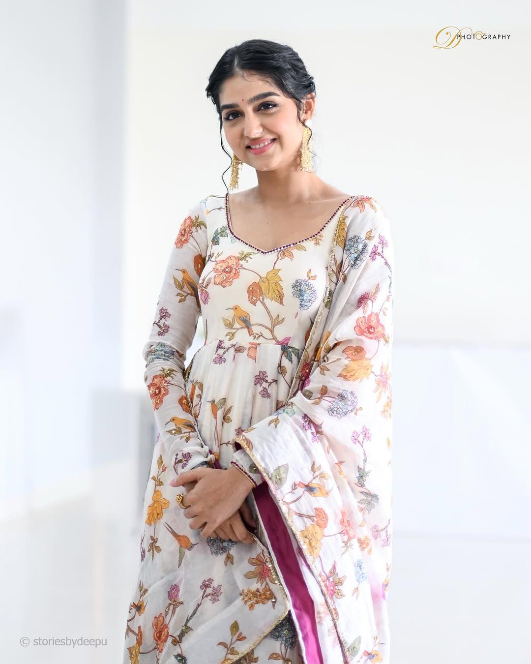 Anaswara Rajan Inspired Feather White Alfino Chiffon Anarkali Set with Handwork Yoke