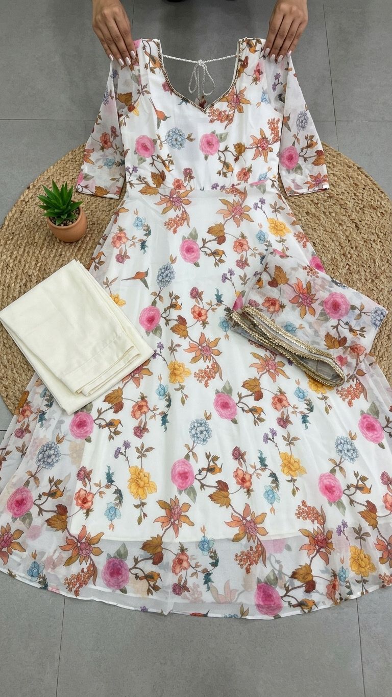 Anaswara Rajan Inspired Feather White Alfino Chiffon Anarkali Set with Handwork Yoke