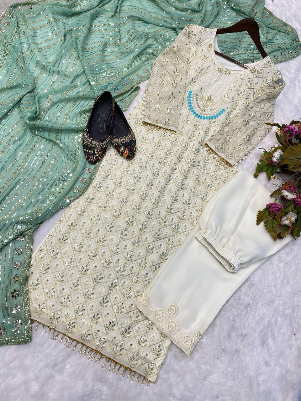 Faux Georgette Embroidered Top and Pant Set with Dupatta