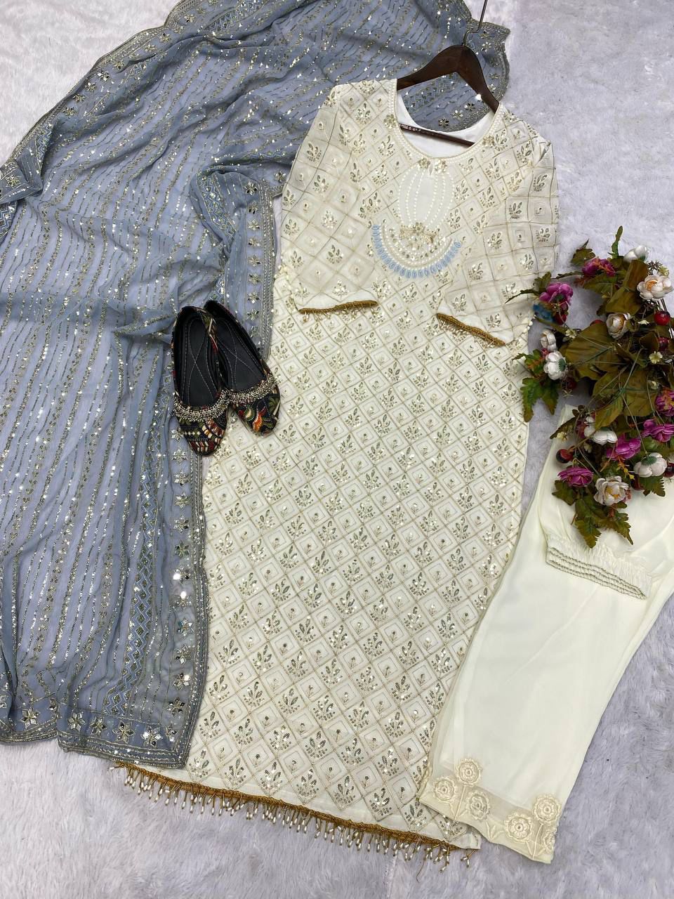 Faux Georgette Embroidered Top and Pant Set with Dupatta