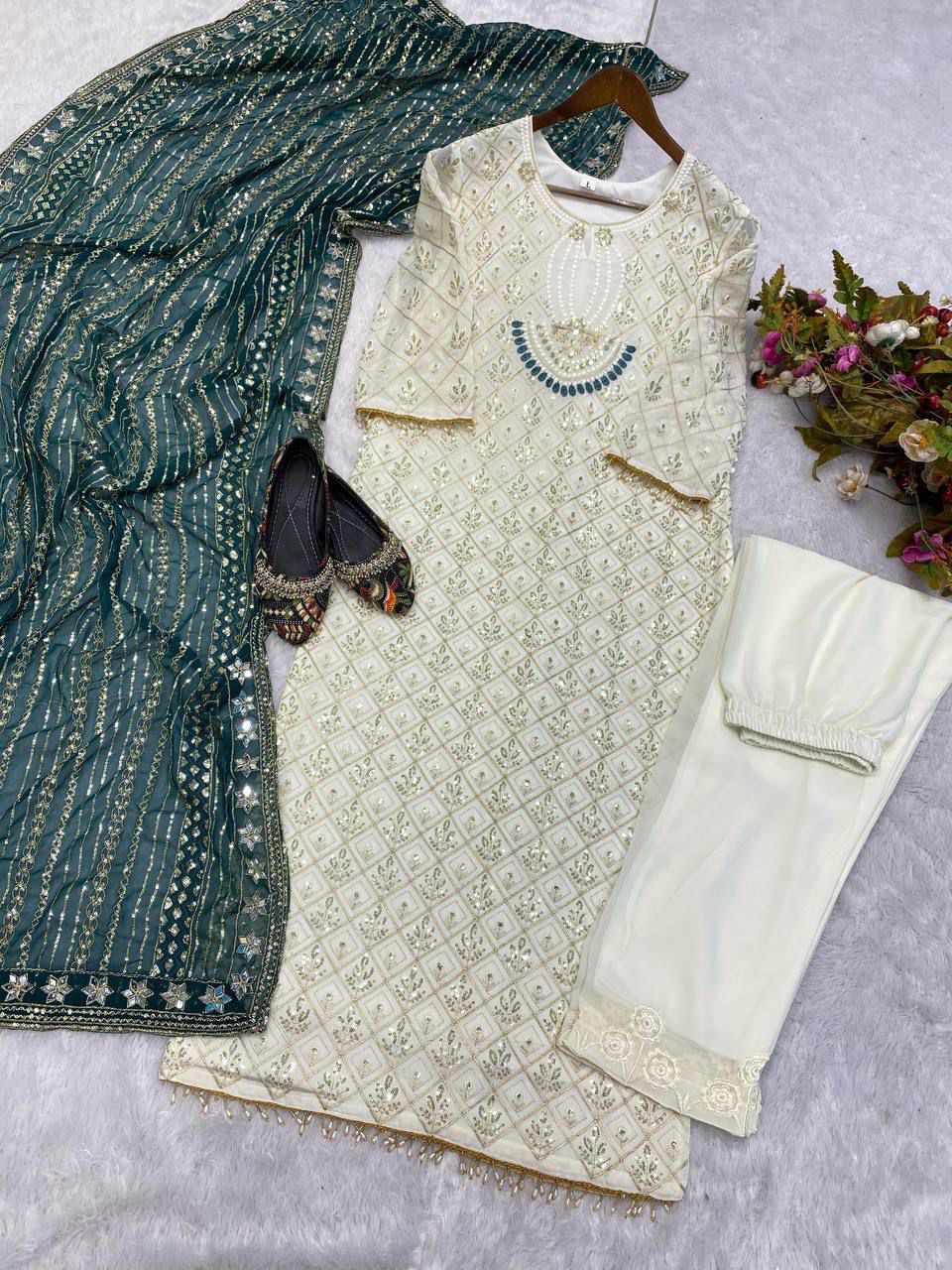 Faux Georgette Embroidered Top and Pant Set with Dupatta