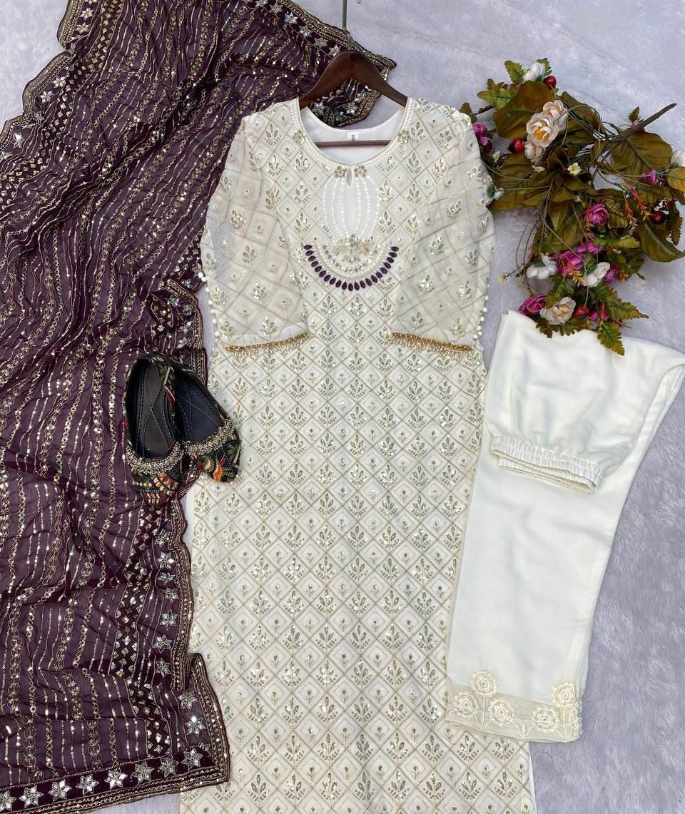 Faux Georgette Embroidered Top and Pant Set with Dupatta