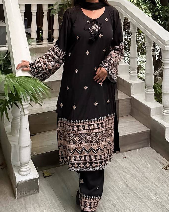 Roman Silk Cotton Kurti-Plazzo Set with Embroidered Dupatta