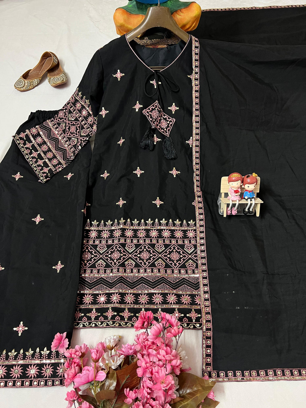 Roman Silk Cotton Kurti-Plazzo Set with Embroidered Dupatta
