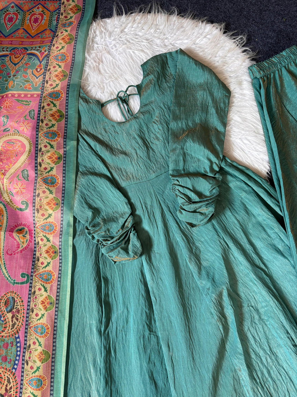 Graceful NC Silk Crush Designer Top, Palazzo & Dupatta Set