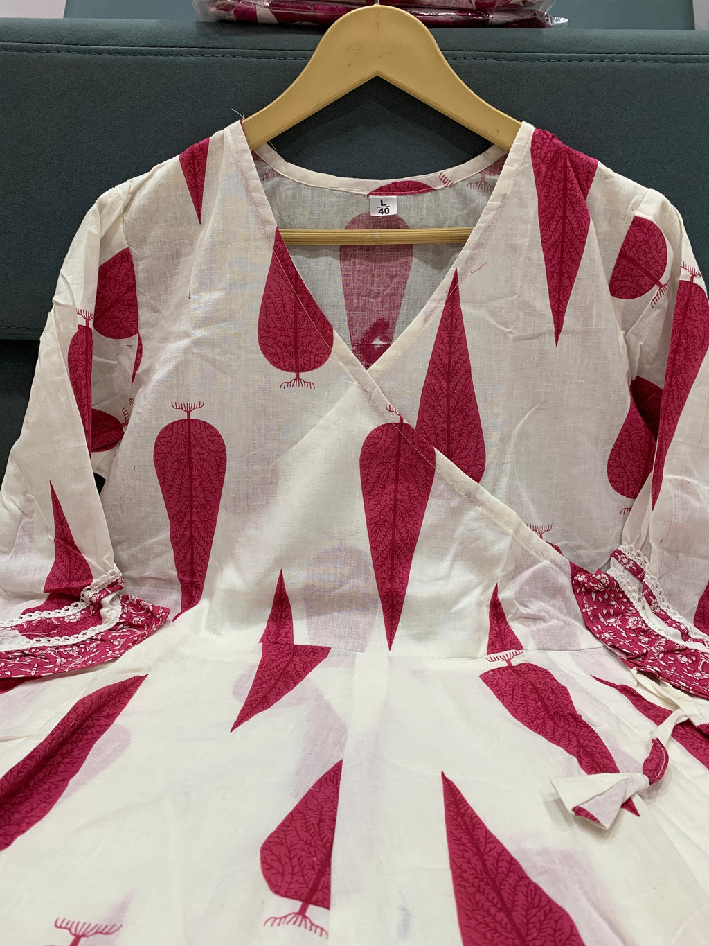 Floral printed full kali cotton gown for women with frill 3/4 sleeves and side latkans - Style Women summer collection.