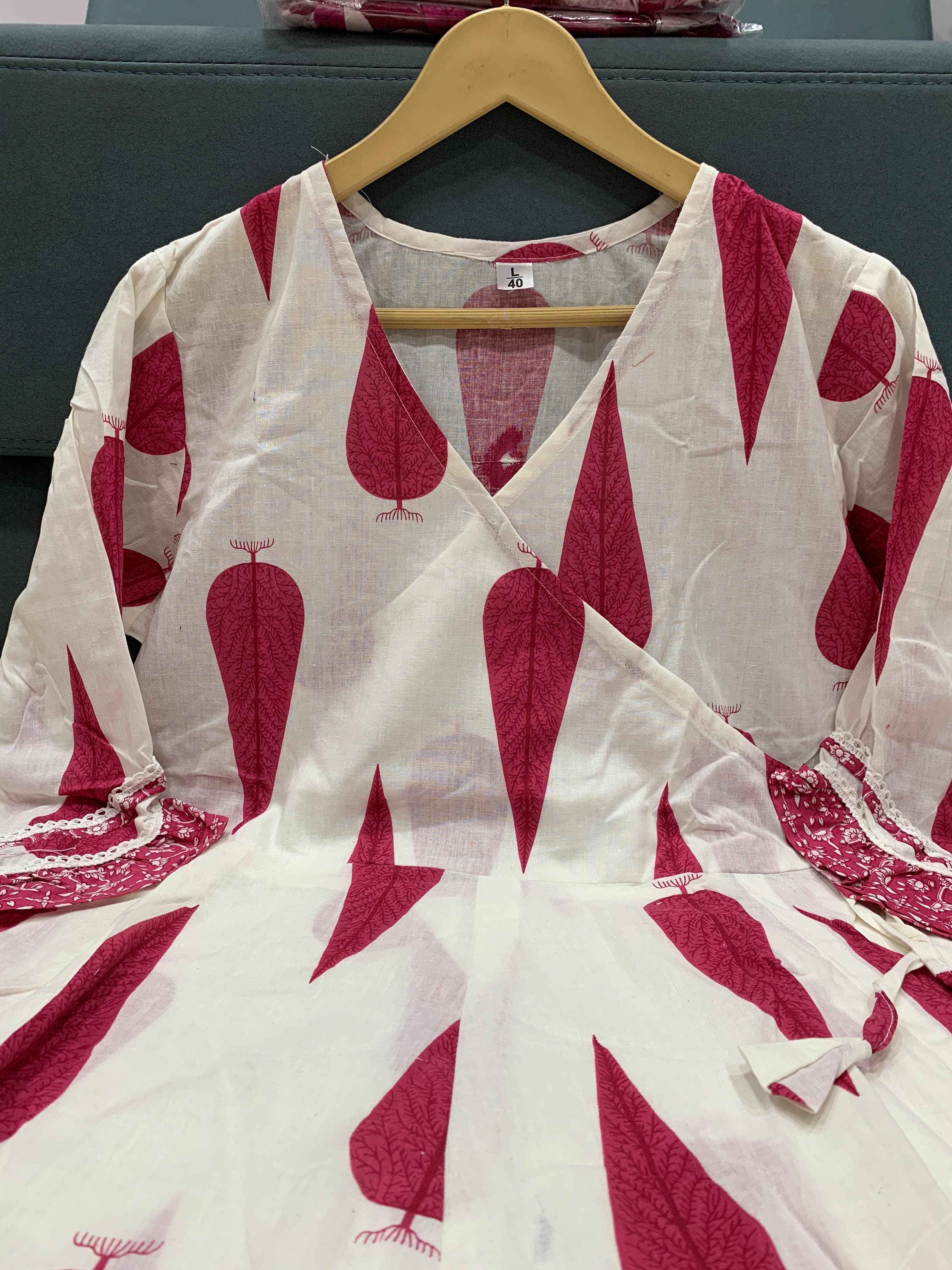 Floral printed full kali cotton gown for women with frill 3/4 sleeves and side latkans - Style Women summer collection.