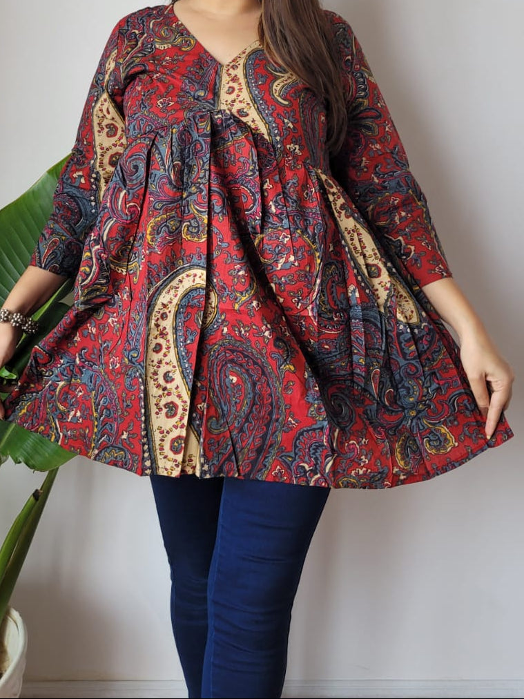 Hand Block Printed Cotton Frill Top – Short Kurti Style