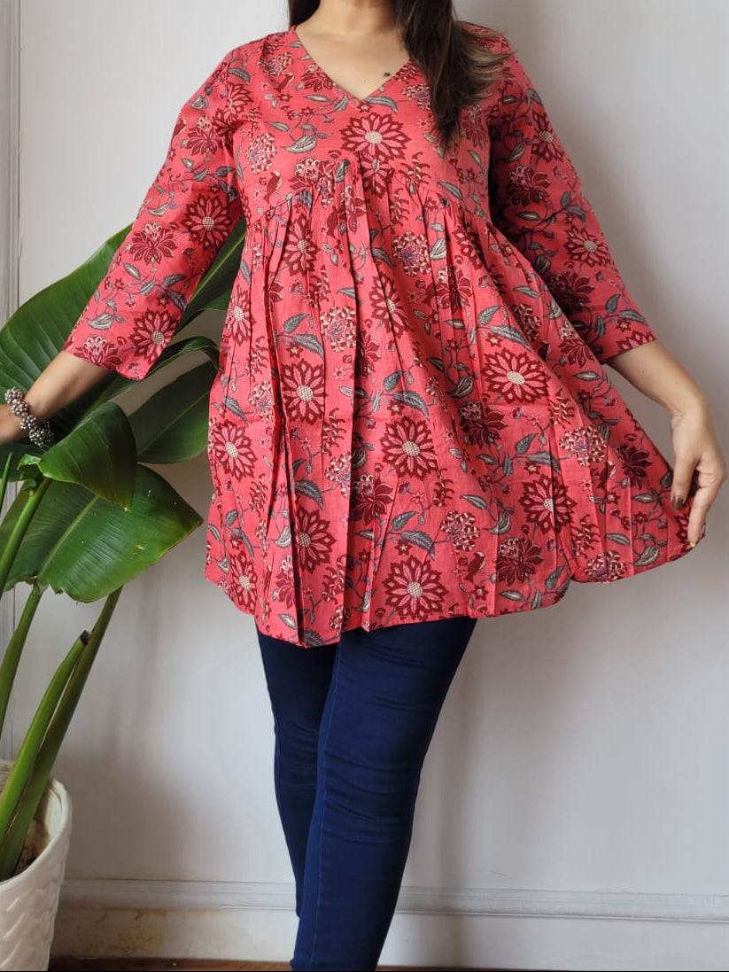 Hand Block Printed Cotton Frill Top – Short Kurti Style