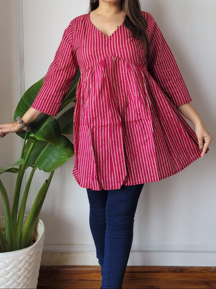 Hand Block Printed Cotton Frill Top – Short Kurti Style