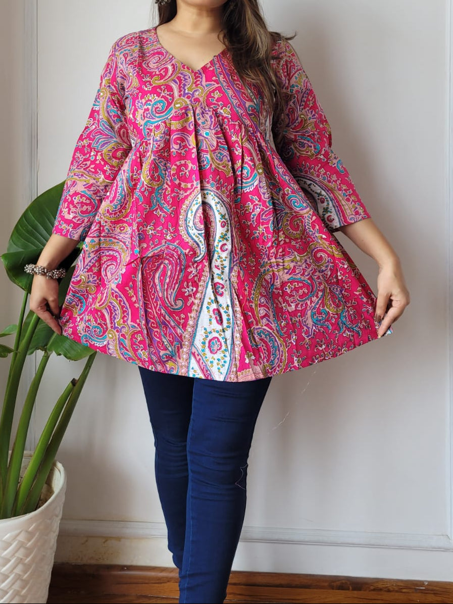 Hand Block Printed Cotton Frill Top – Short Kurti Style