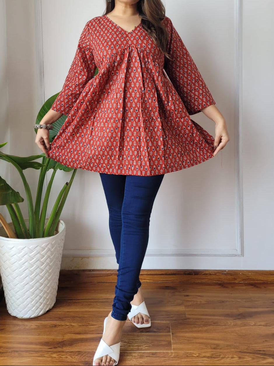 Hand Block Printed Cotton Frill Top – Short Kurti Style