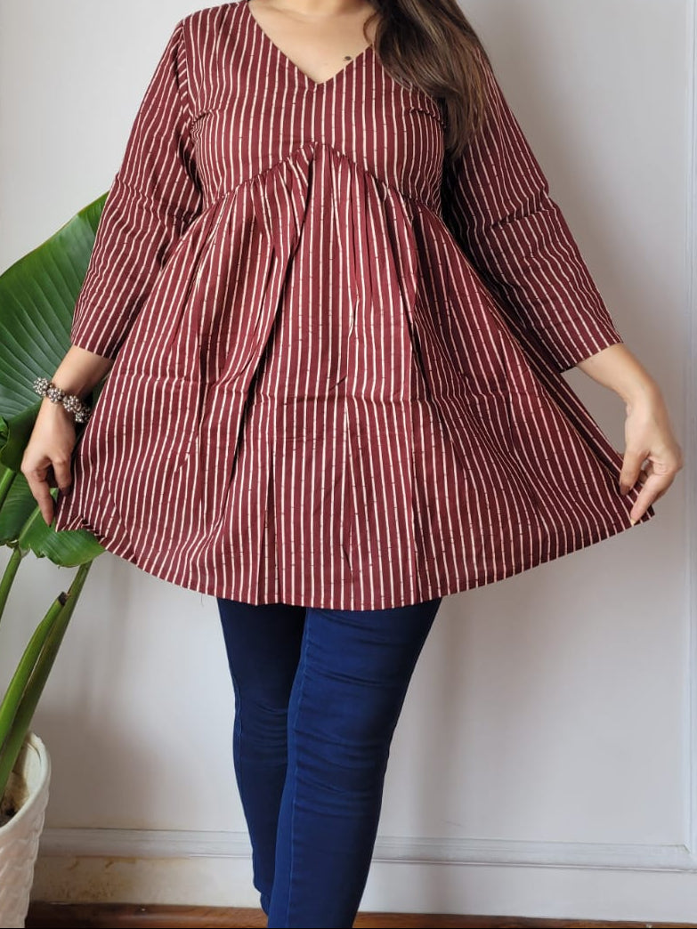 Hand Block Printed Cotton Frill Top – Short Kurti Style