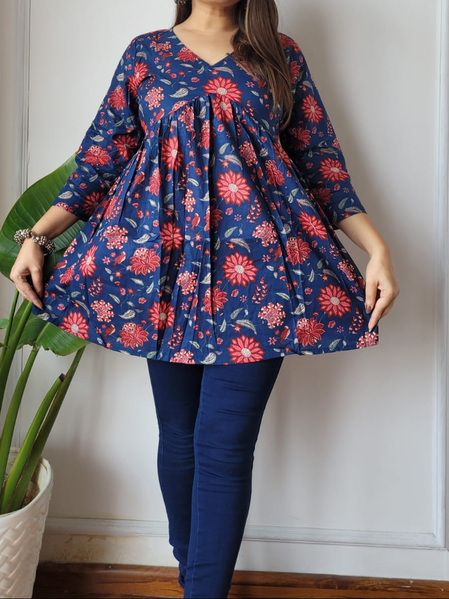 Hand Block Printed Cotton Frill Top – Short Kurti Style