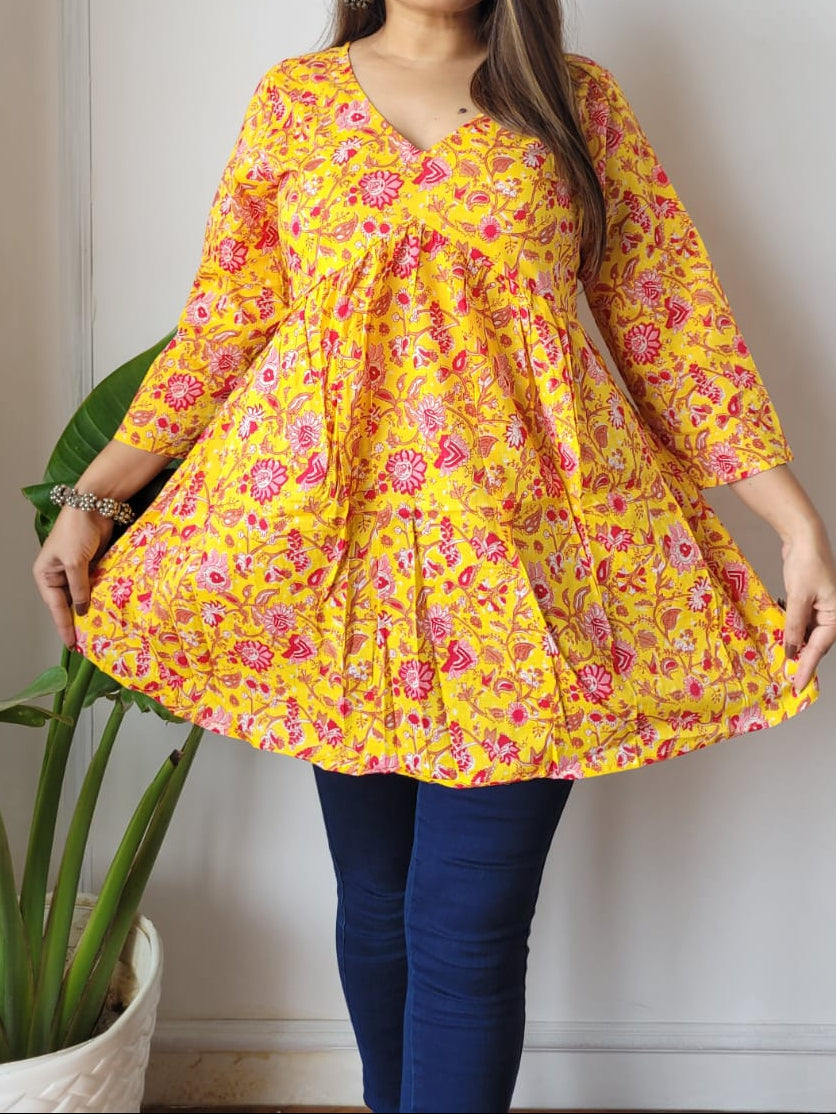 Hand Block Printed Cotton Frill Top – Short Kurti Style