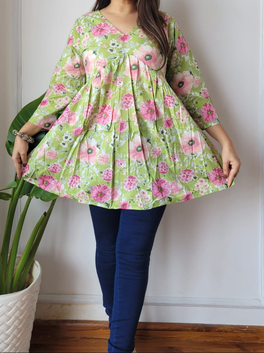 Hand Block Printed Cotton Frill Top – Short Kurti Style